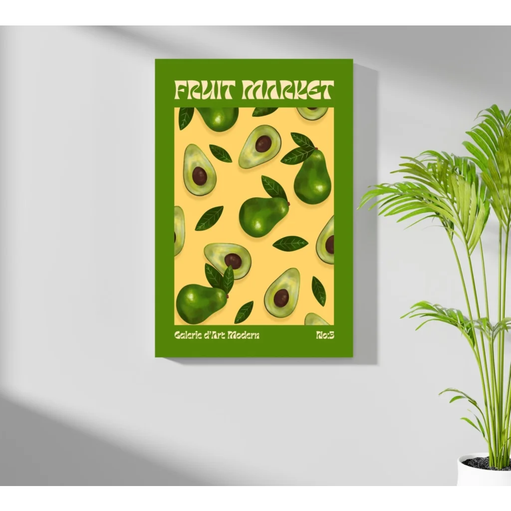 Vibrant yellow pop art avocados and pears on insigne aluminum prints