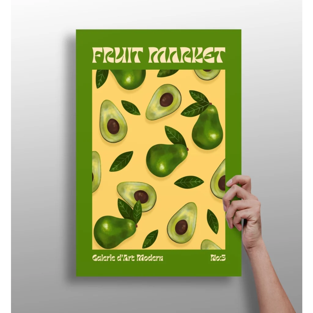Vibrant avocado pop art on insigne aluminum prints, fruit market poster