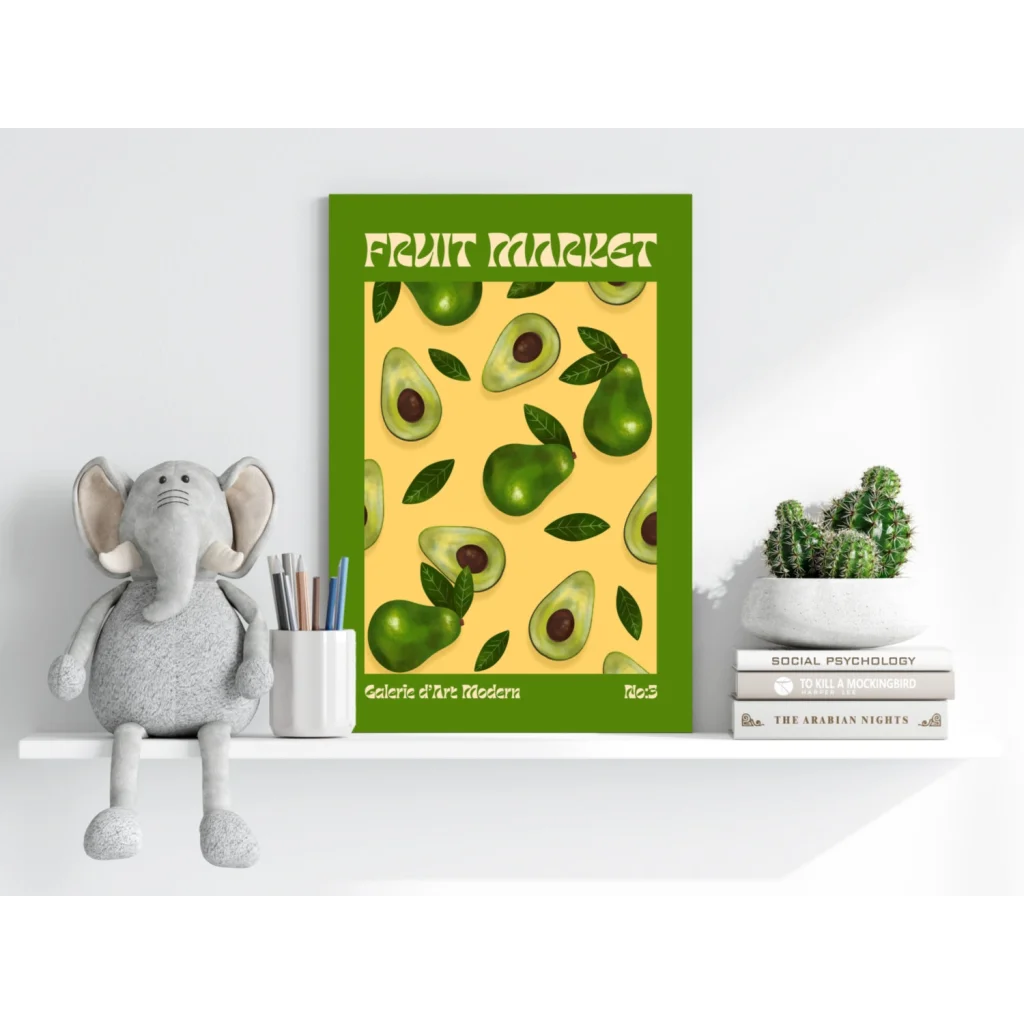 Vibrant green yellow fruit market poster on insigne aluminum prints with avocados pears