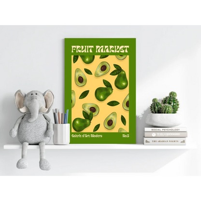 Vibrant green yellow fruit market poster on insigne aluminum prints with avocados pears