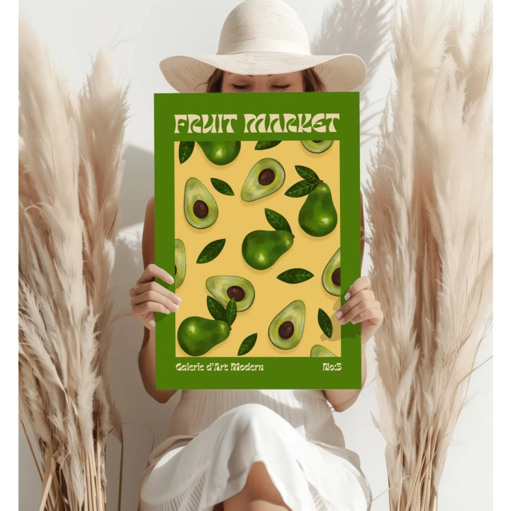 Vibrant pop art insigne aluminum print of green yellow avocado pear poster