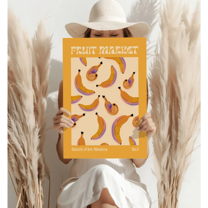 Vibrant yellow Fruit Market insigne aluminum print with playful banana pattern