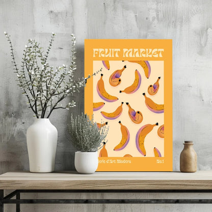 Vibrant orange insigne aluminum print with playful purple and yellow banana pattern and Fruit Market text