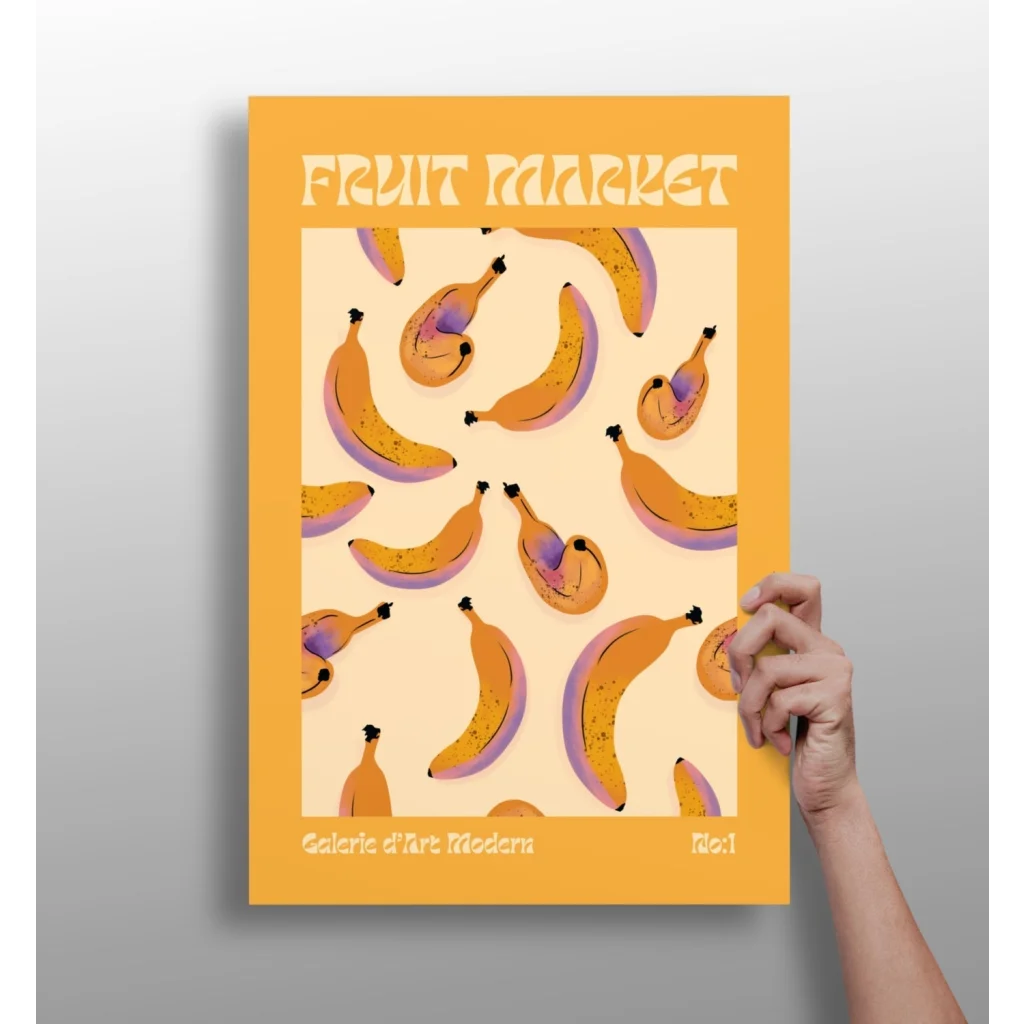 Vibrant orange insigne aluminum print of playful banana pattern for Fruit Market Galerie dArt Moderni