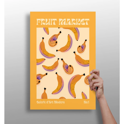 Vibrant orange insigne aluminum print of playful banana pattern for Fruit Market Galerie dArt Moderni
