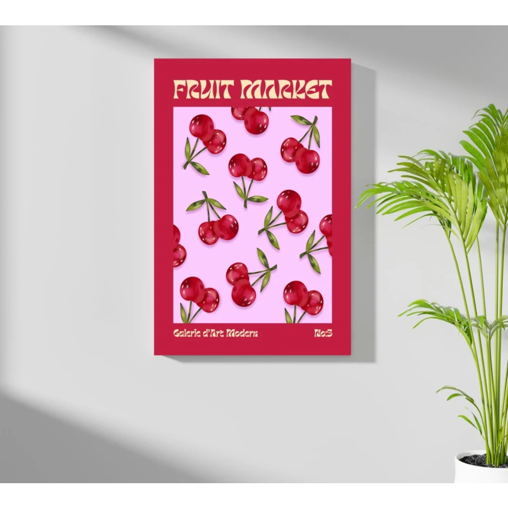 Vibrant red-framed insigne aluminum print of glossy cherries on pink background with Fruit Market text