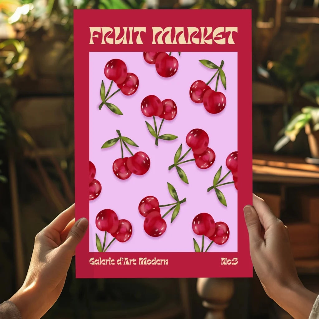 Vibrant red-framed insigne aluminum print of glossy cherries and Fruit Market poster
