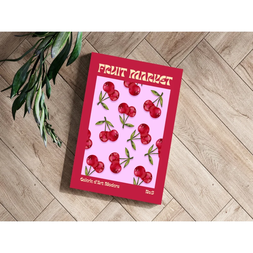 Cherry Fruit Market Insigne Aluminum Print in Vibrant Red Frame | Modern Wall Art Decor | vintageantiquesgifts.com