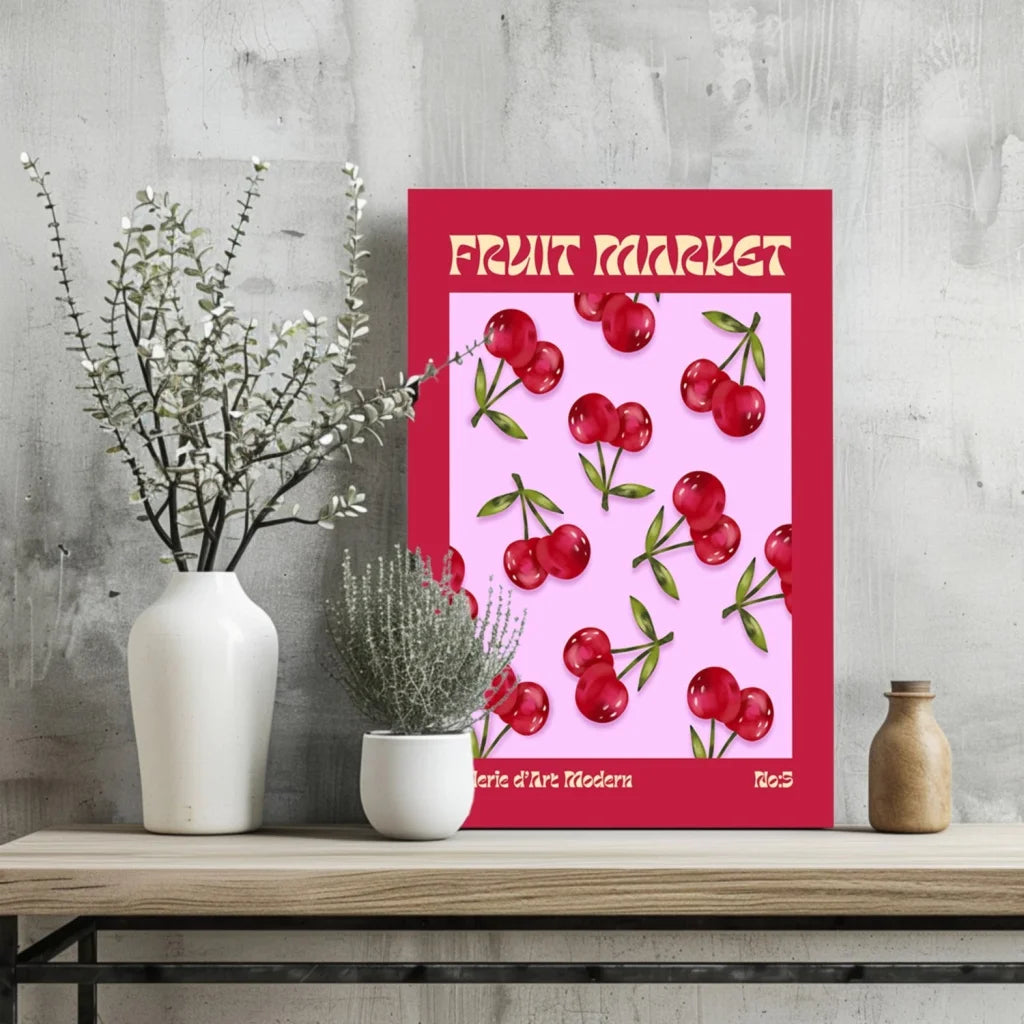 Cherry Fruit Market Insigne Aluminum Print in Vibrant Red Frame | Glass Wall Art Print | vintageantiquesgifts.com