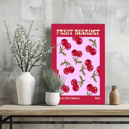 Cherry Fruit Market Insigne Aluminum Print in Vibrant Red Frame | Glass Wall Art Print | vintageantiquesgifts.com