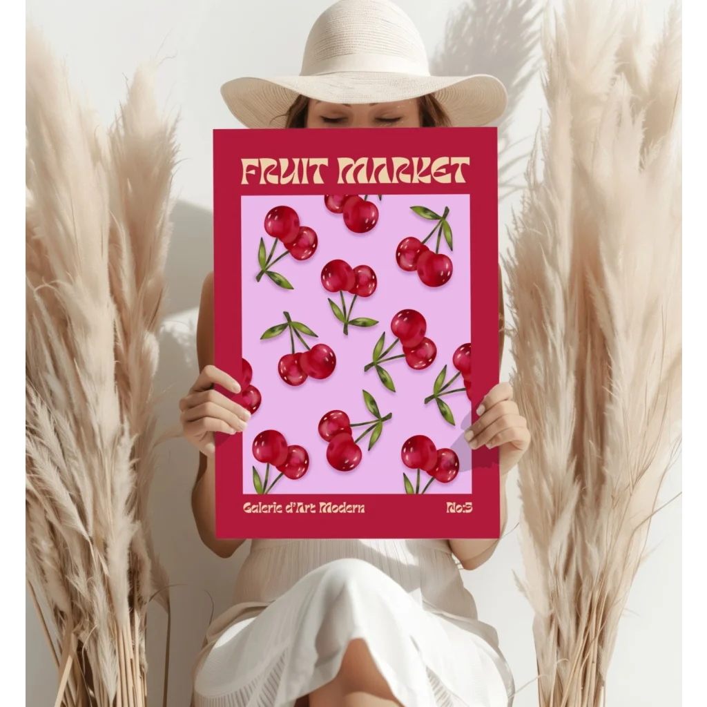 Cherry Fruit Market Insigne Aluminum Print in Vibrant Red Frame | Contemporary Home Wall Art | vintageantiquesgifts.com