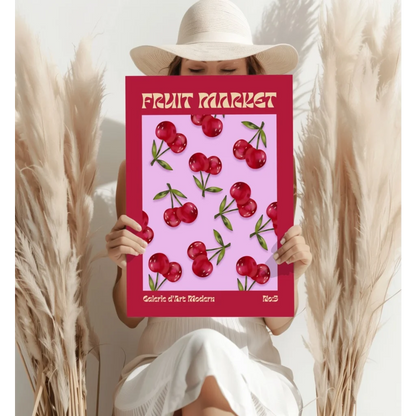Cherry Fruit Market Insigne Aluminum Print in Vibrant Red Frame | Contemporary Home Wall Art | vintageantiquesgifts.com