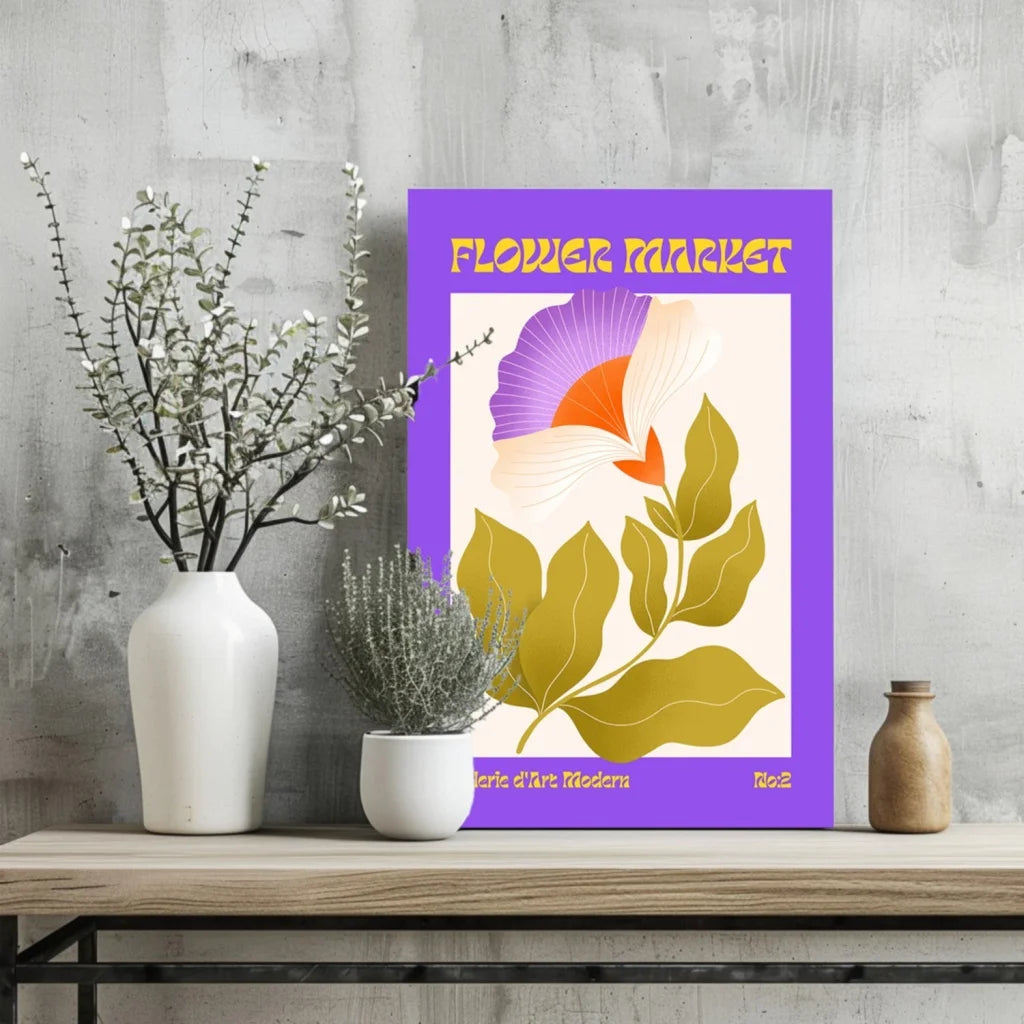 Purple-framed flower market poster on insigne aluminum prints