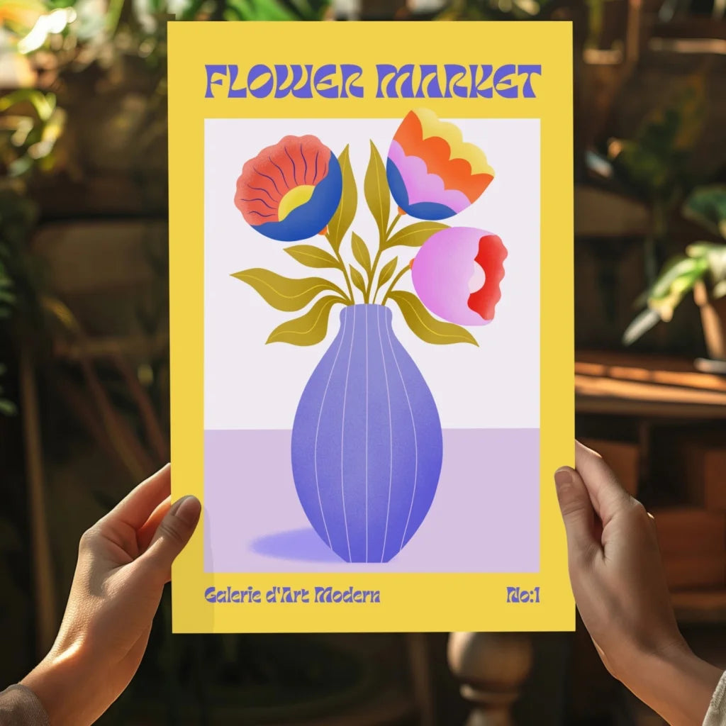 Vibrant yellow flower market poster on insigne aluminum prints