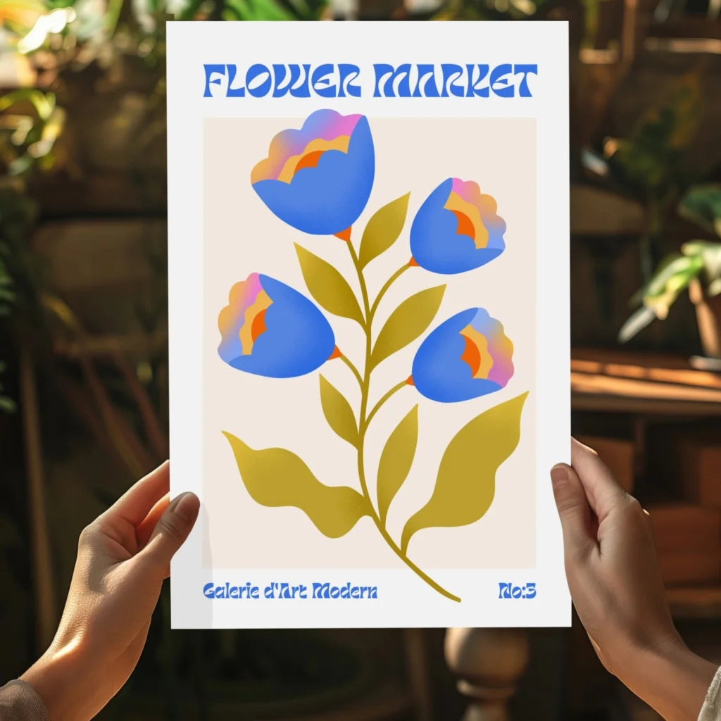 Insigne aluminum print of stylized blue flowers on cream background