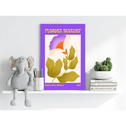 Purple framed Flower Market poster on insigne aluminum prints