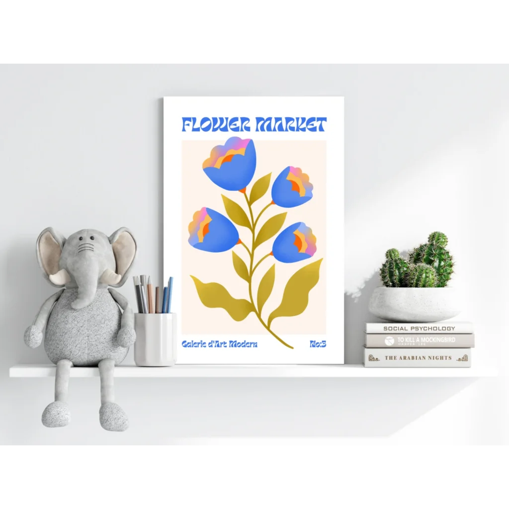 Insigne aluminum print of stylized floral poster with blue blossoms