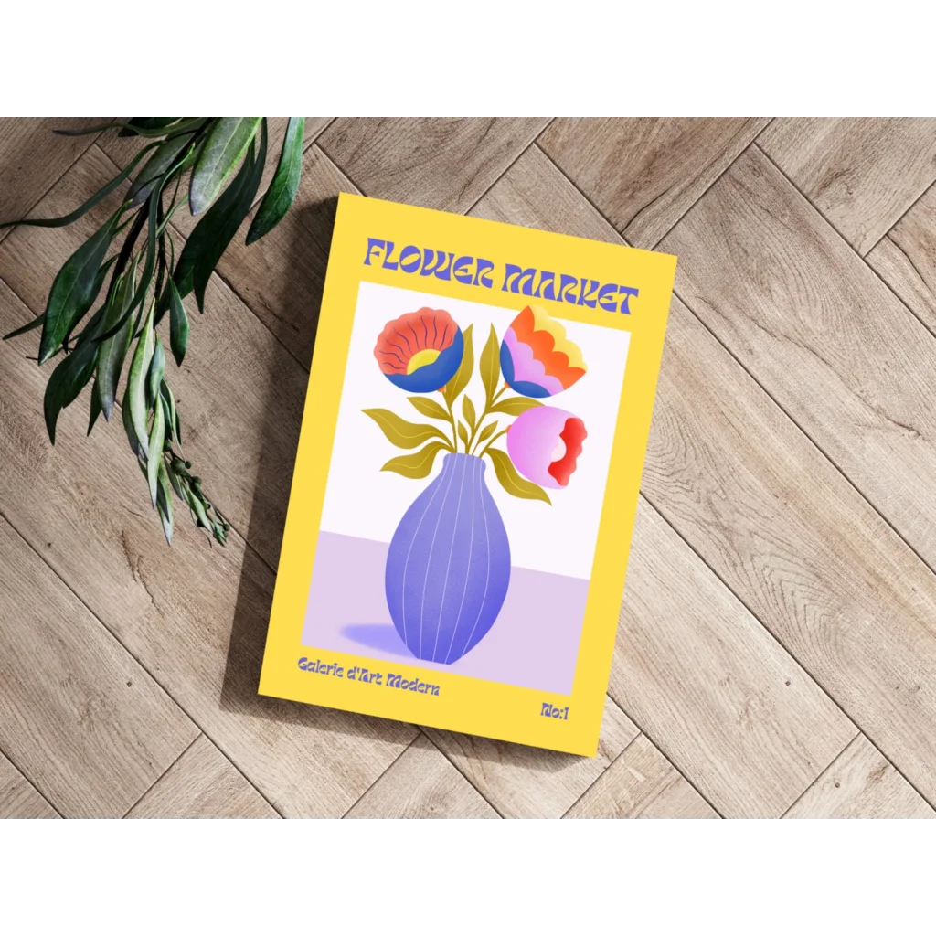 Vibrant yellow Flower Market Insigne aluminum prints with flower vase illustration