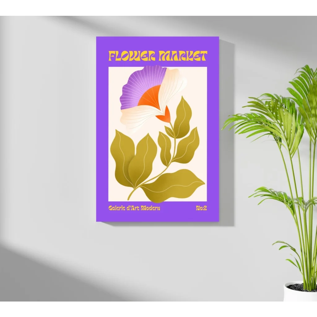 Purple-framed Flower Market poster on insigne aluminum print