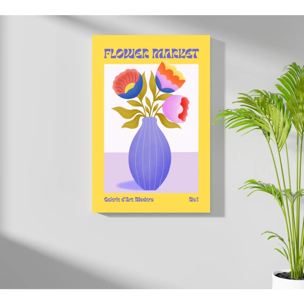 Vibrant purple ribbed vase with colorful flowers on insigne aluminum prints poster