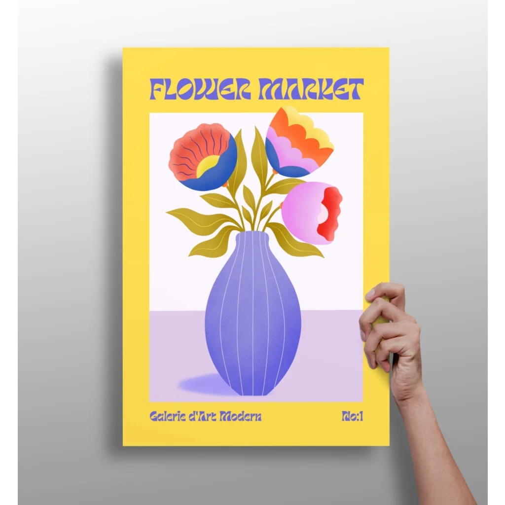 Vibrant yellow insigne aluminum print of purple vase with colorful flowers