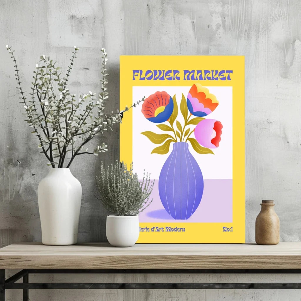 Vibrant yellow flower market poster on insigne aluminum prints