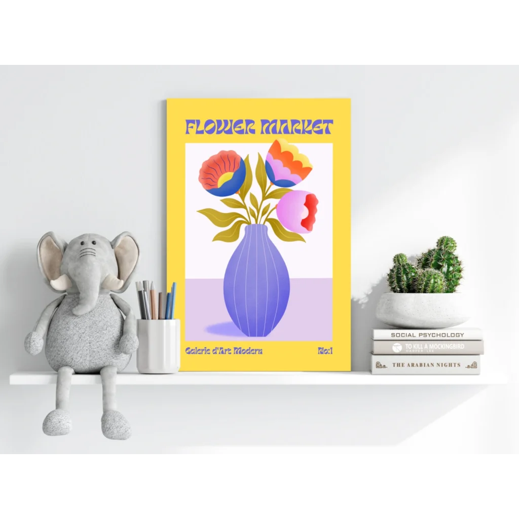 Vibrant yellow insigne aluminum print of colorful flowers in purple vase