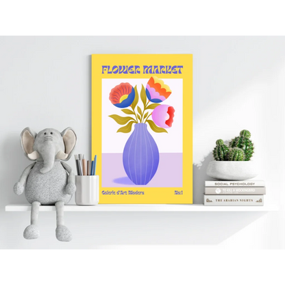 Vibrant yellow insigne aluminum print of colorful flowers in purple vase