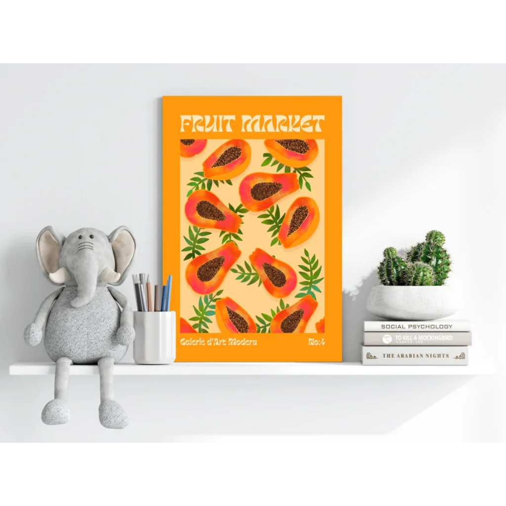 Vibrant orange papaya market insigne aluminum print with sliced fruits