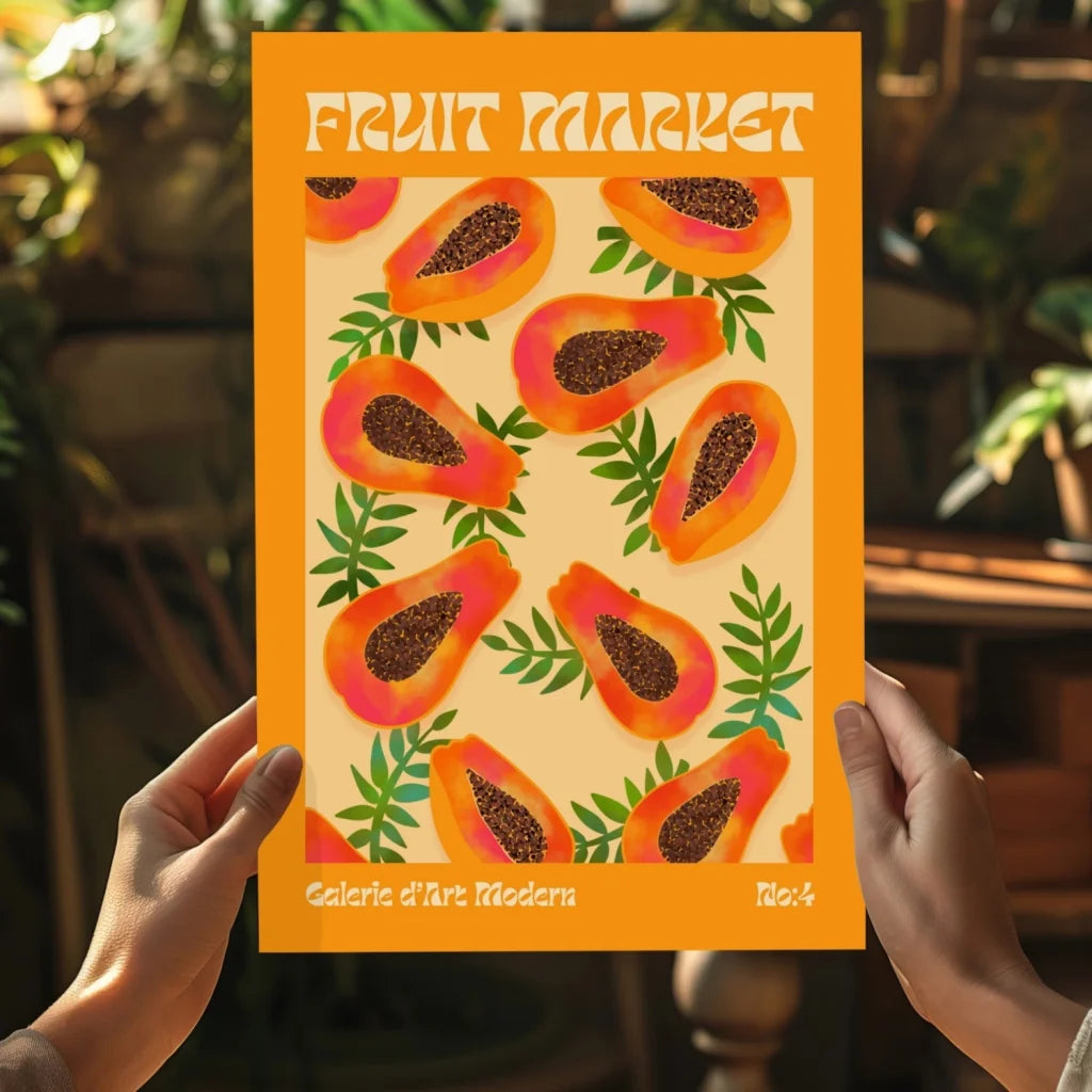 Tropical papaya fruit market insigne aluminum print with orange frame