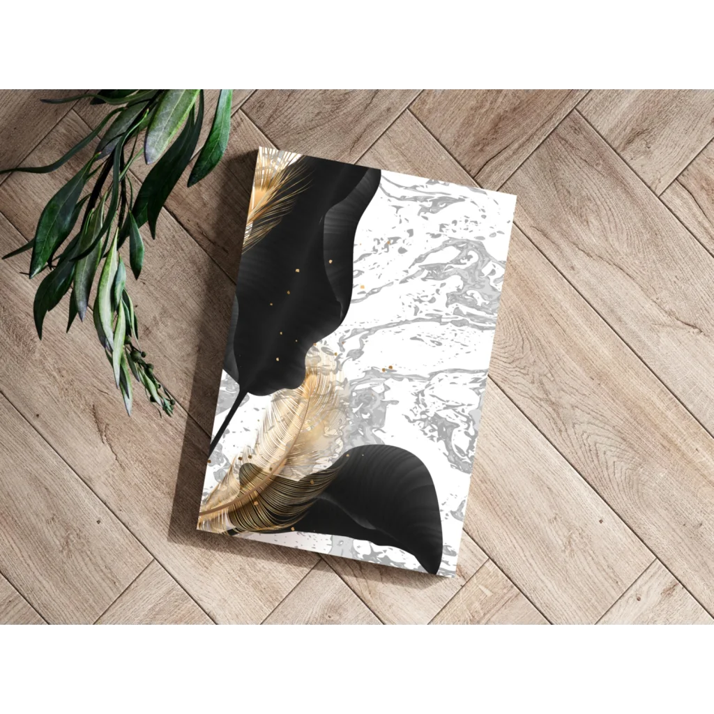 Stunning black gold feather insigne aluminum print on marble texture canvas