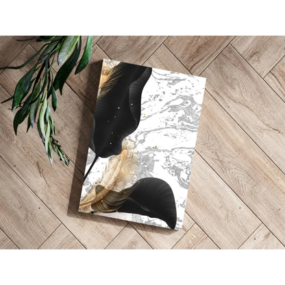 Stunning black gold feather insigne aluminum print on marble texture canvas