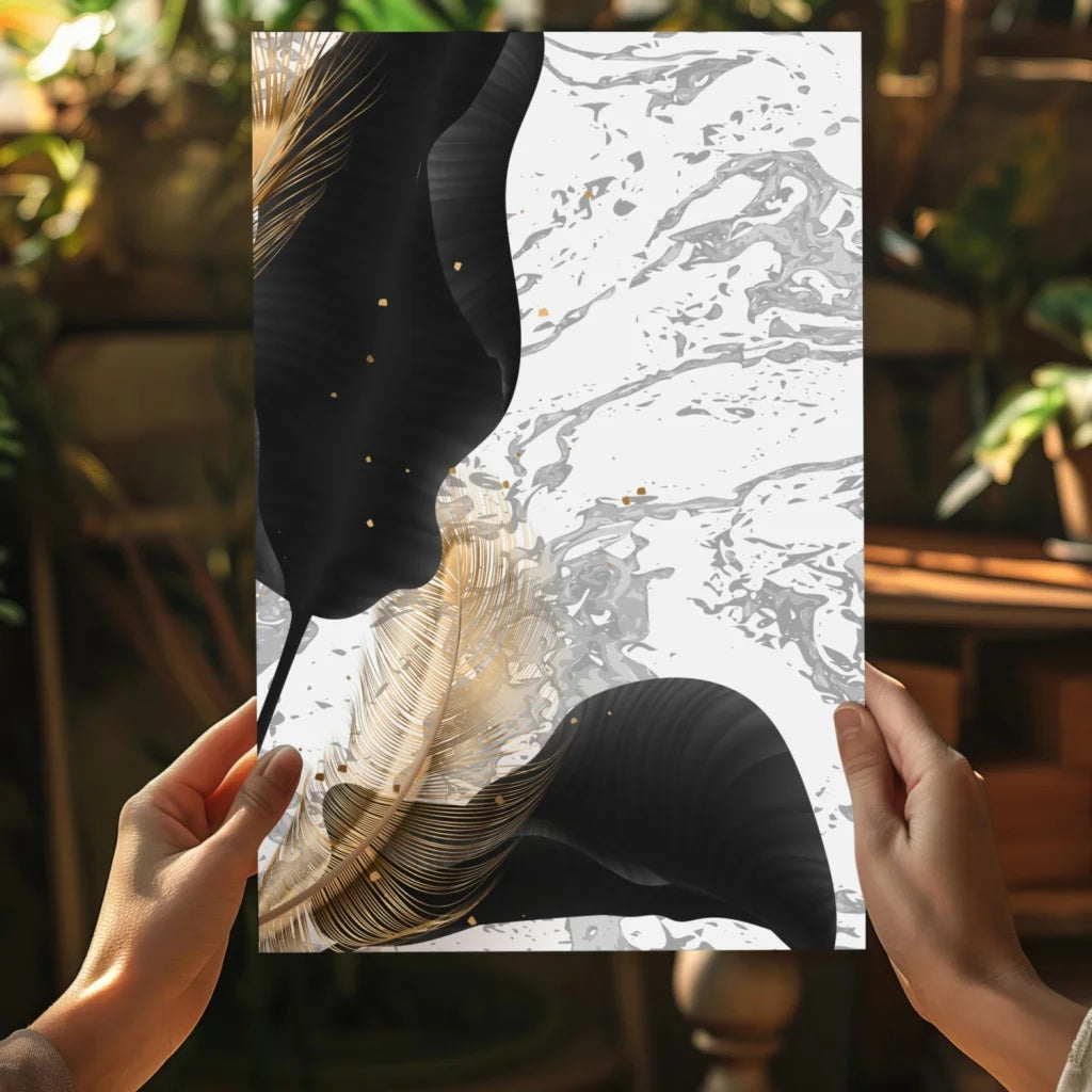 Stunning black gold feather insigne aluminum print on marble background