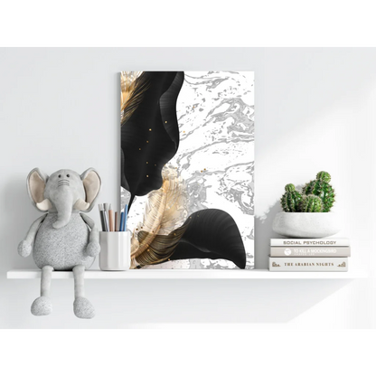 Stunning black gold feather insigne aluminum prints with marbled patterns