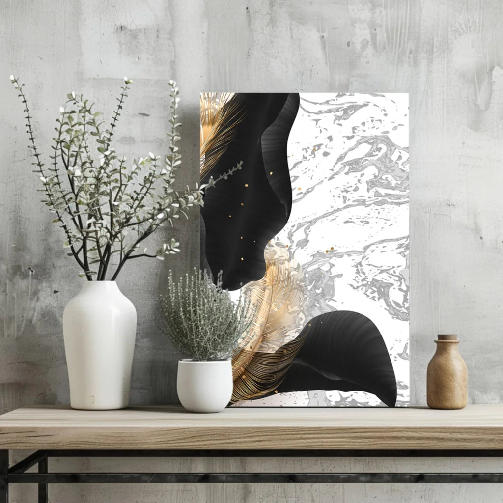 Stunning black gold feather insigne aluminum print with swirling abstract art