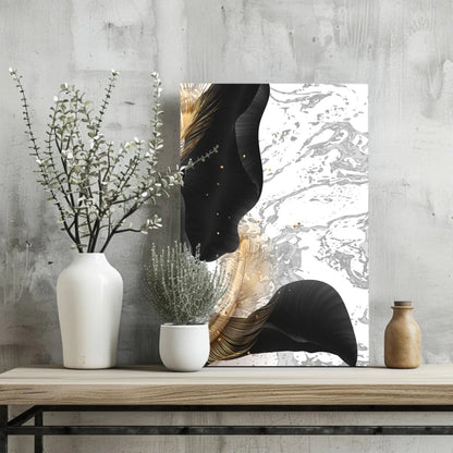 Stunning black gold feather insigne aluminum print with swirling abstract art