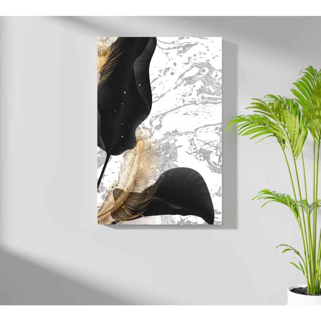 Stunning black gold feather insigne aluminum print on white marble