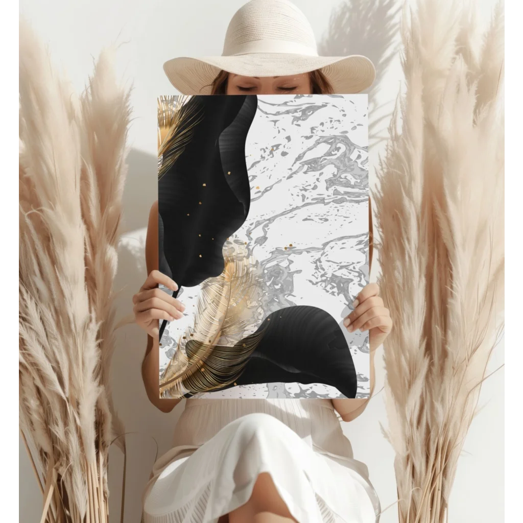 Stunning black gold feather insigne aluminum print with abstract marble patterns