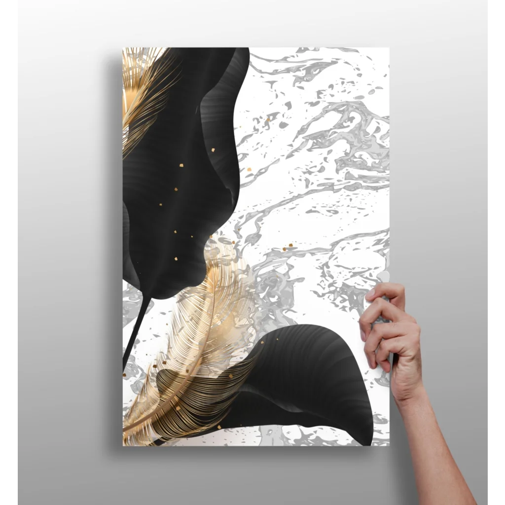 Stunning black gold feather insigne aluminum print on marbled background