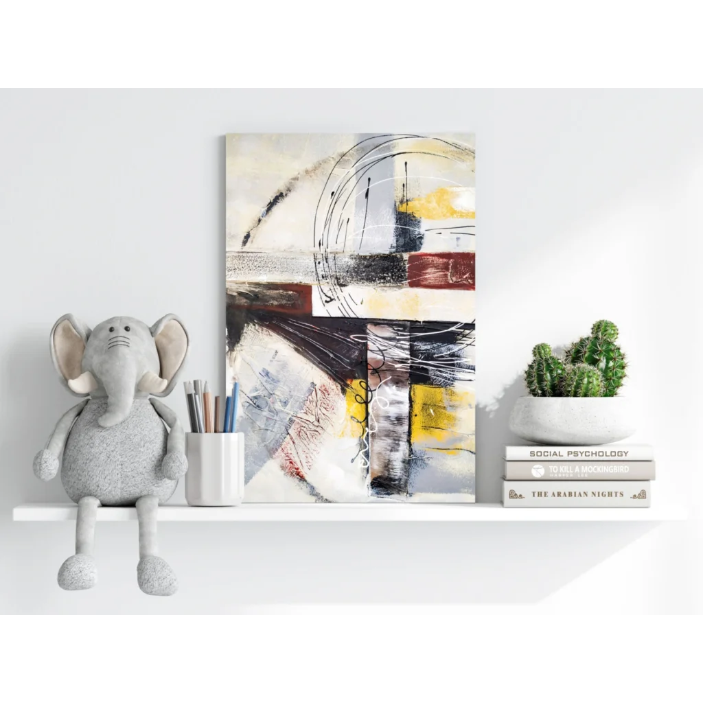Bold abstract canvas art with black, yellow, white strokes on textured surface, Insigne Aluminum Prints