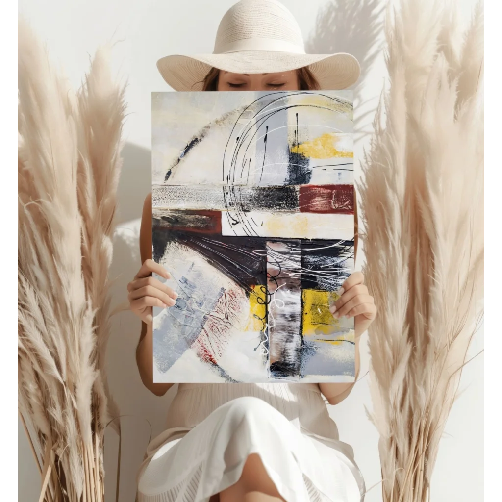 Bold abstract canvas art in black, white, yellow, red on textured surface, Insigne aluminum prints