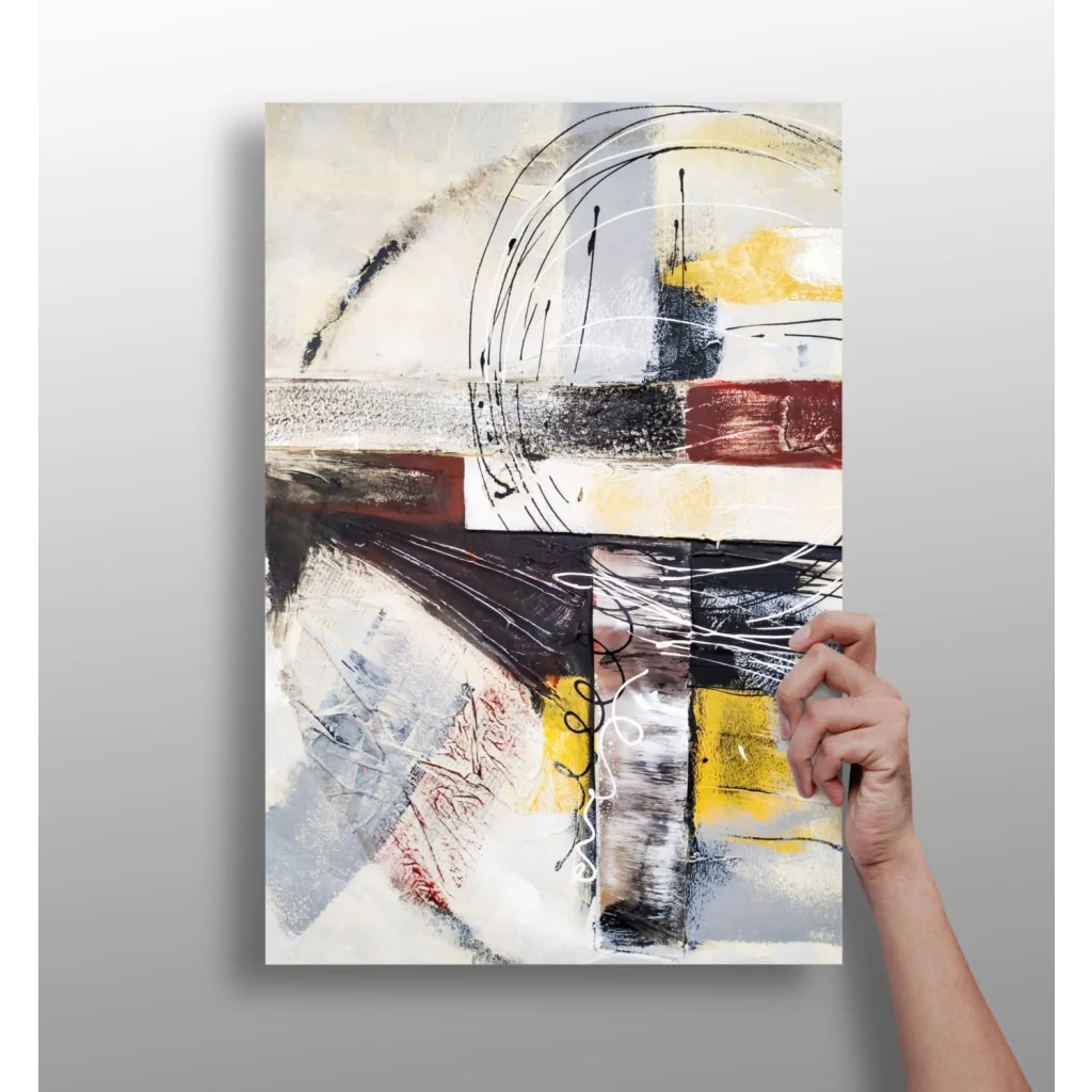 Bold abstract canvas art on insigne aluminum prints with black, white, yellow, gray strokes
