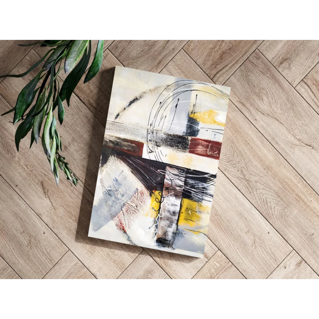 Bold abstract canvas art with black, yellow, gray strokes on white, Insigne aluminum prints