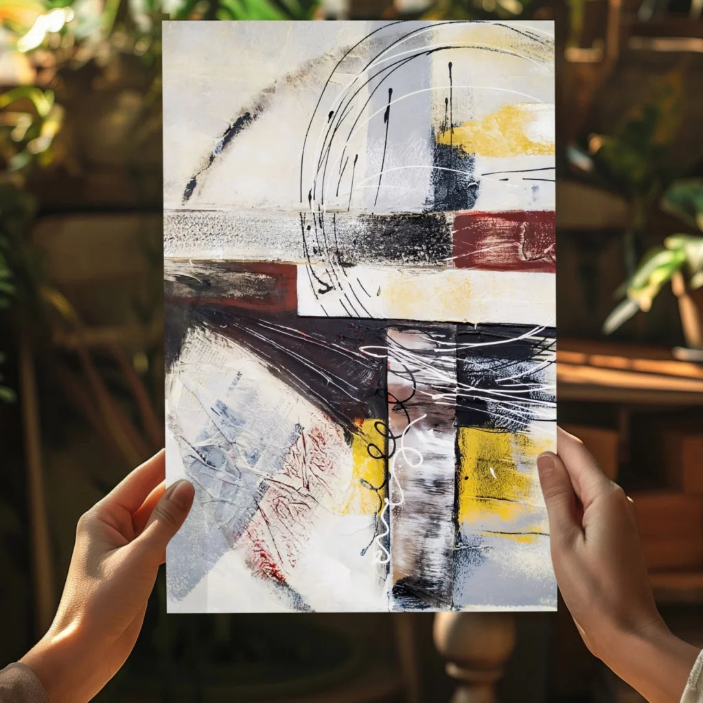 Bold abstract art on Insigne aluminum prints with black, white, yellow, red strokes