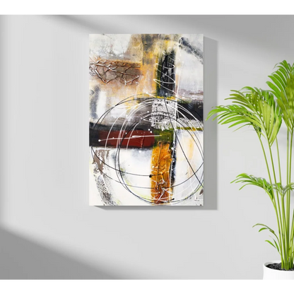Bold abstract canvas with black, white, ochre, red strokes and central circle on Insigne aluminum print