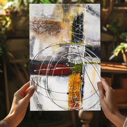 Bold abstract Insigne aluminum prints with textured white, black, ochre, red layers and circular lines