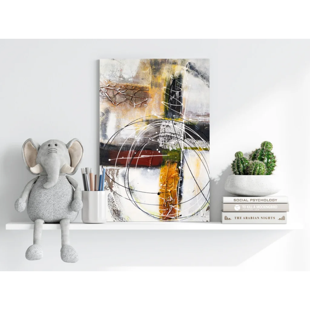 Bold abstract canvas painting on Insigne aluminum prints in black, white, gray, yellow, orange