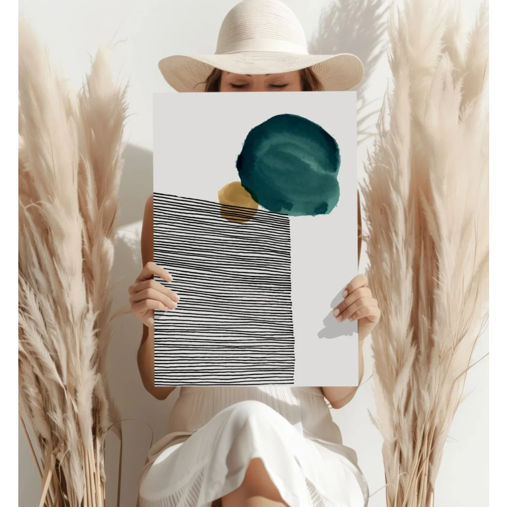 Teal gold abstract circle insigne aluminum print with bold brushstrokes