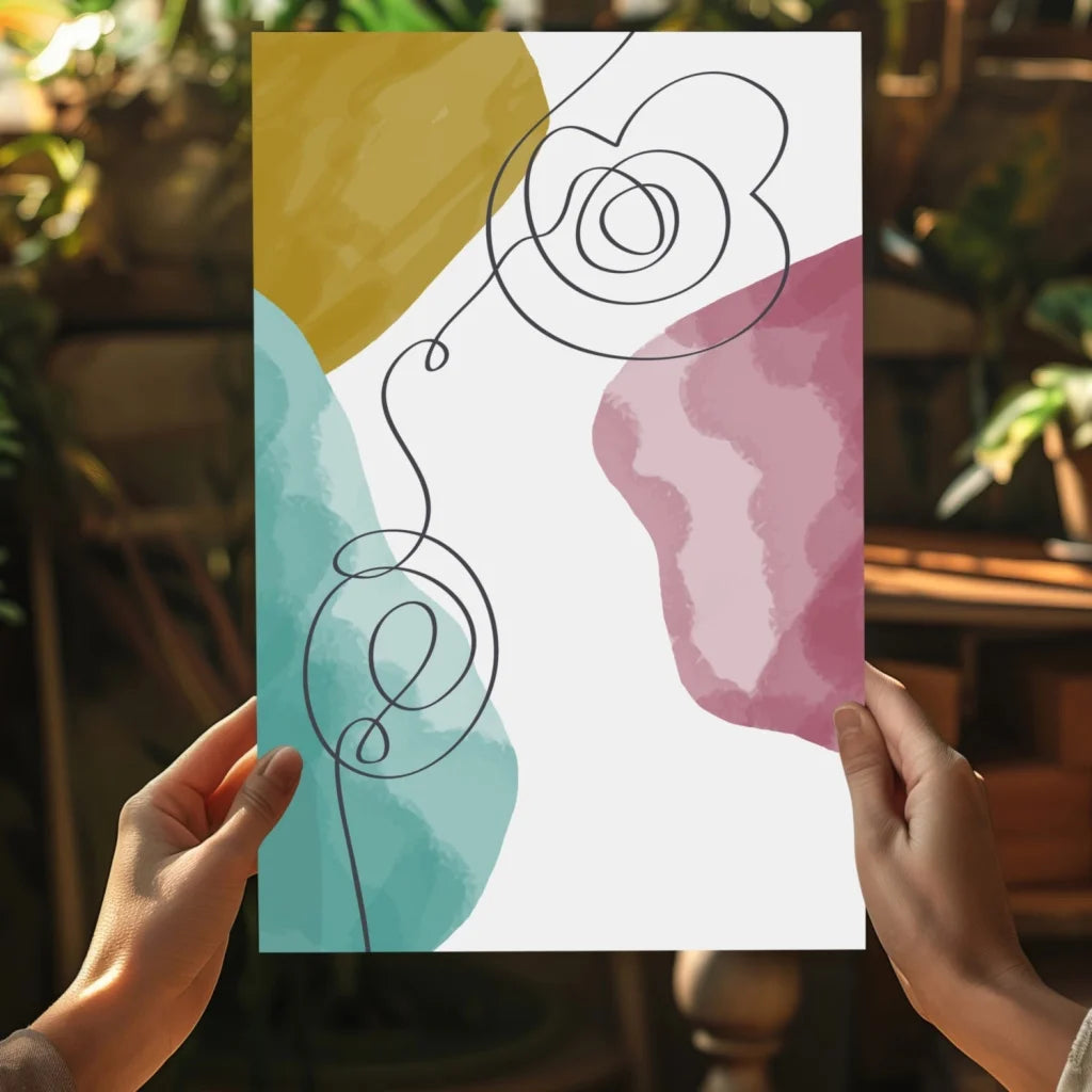 Bold abstract Insigne aluminum prints in mustard yellow, pink, teal