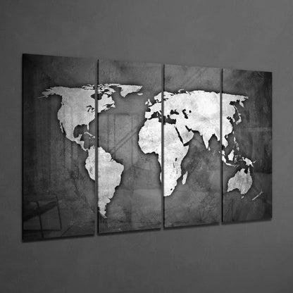 Modern black and white world map wall art 4 panel textured set